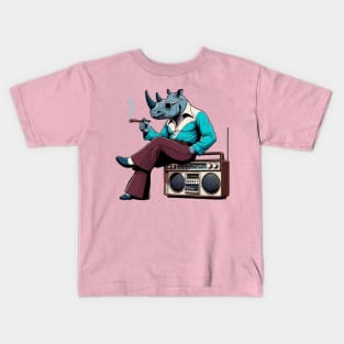 smoking 70s rhino and a vintage radio Kids T-Shirt